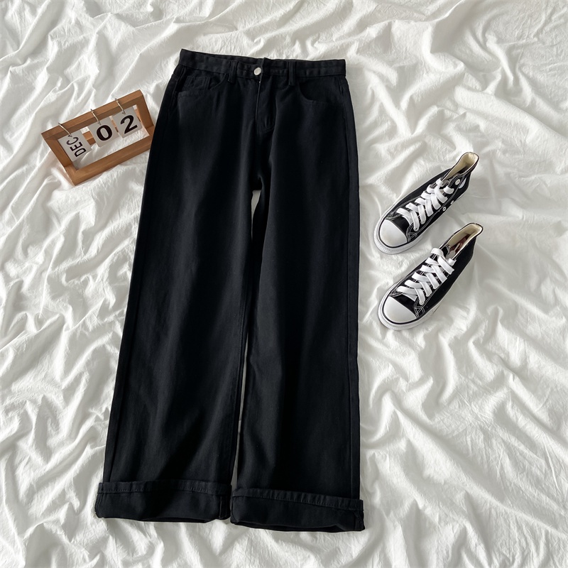 (realpict)Murni Warna Highwaist Kulot Celana Jeans Panjang Wanita Loose(Putih/Hitam)