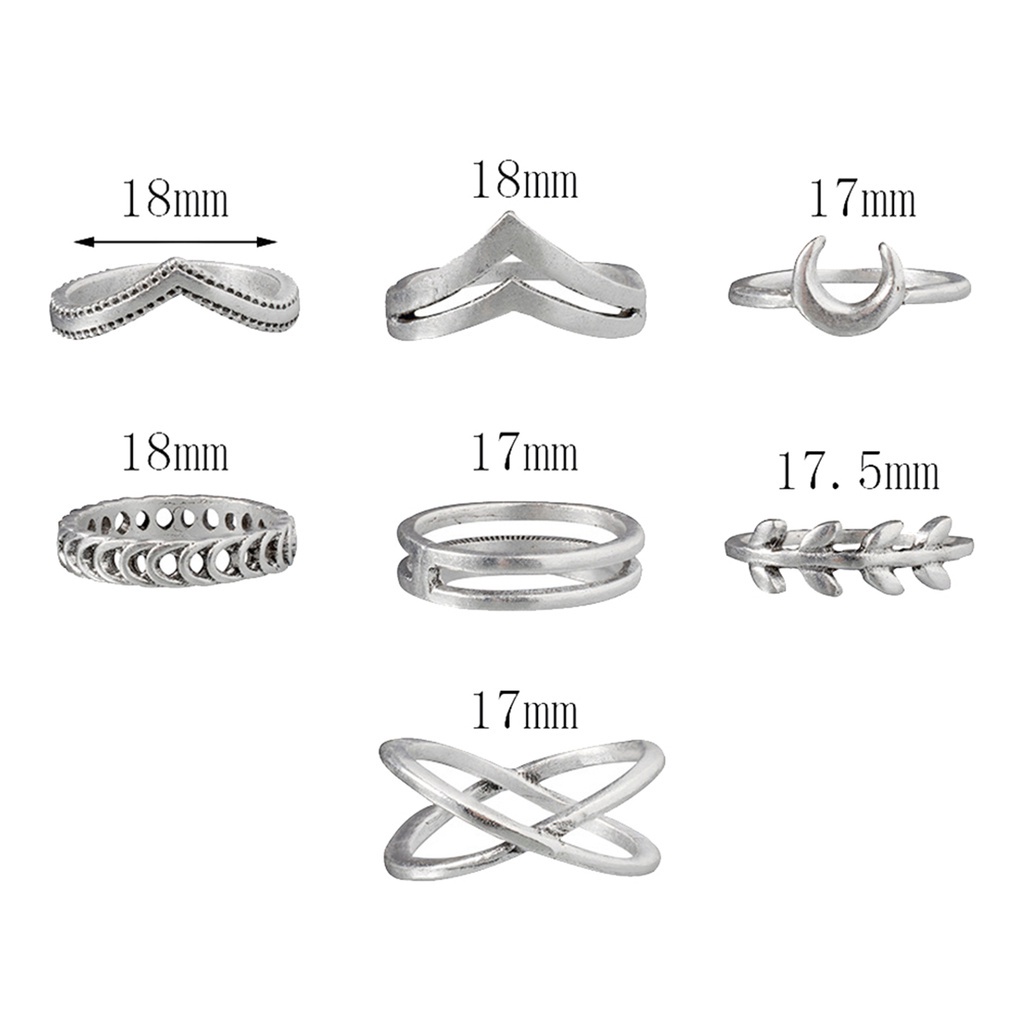 Huluboy 7pcs / Set Cincin Bentuk Salib / Bulan / Daun Bahan Alloy Electroplate Untuk Wanita