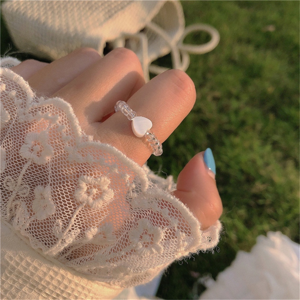 【COD Tangding】INS Shell Opal Ring Beaded Elastic Adjustable Design Luxury Ring Heart