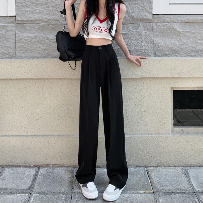 celana highwaist wanita/straight loose celana kulot panjang/import korean style kasual hitam pants