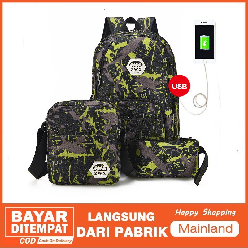 Mainland Tas Sekolah 3 in 1 Set Tas Ransel USB Charger Tas Selempang Tas Kecil Multifungsi ZWX TCR07