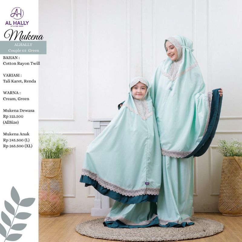 (COD) Tebaru Mukena Katun Couple Al Hally 03 Mocca, Green ll Mukena Renda Tali  Dewasa Anak Adem ORI