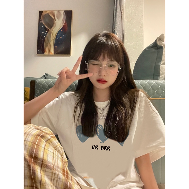 EUNII T-shirt Lengan Pendek Blue Heart Korean Style/Kaos Atasan Wanita/Baju Kaus Oversize Wanita/Kaos Wanita