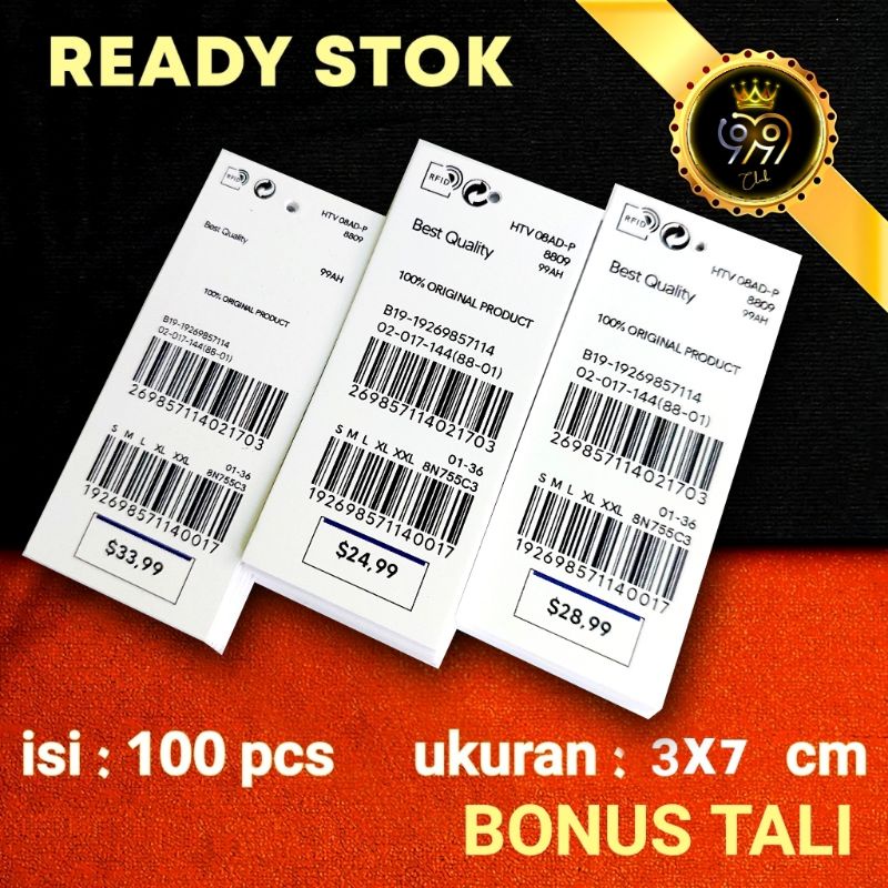 

label baju import hang tag bonus tali, 3x7, hang tag dollar 2 barcode . merek baju lebel baju . hantag label