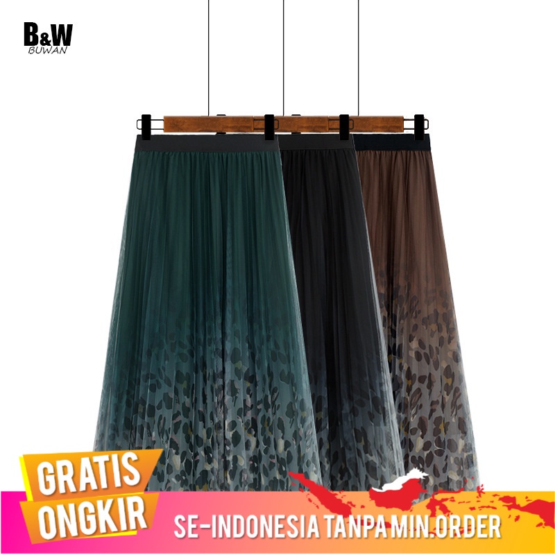Rok Wanita Mesh Rok 2021  Mos Elegan Besar Rok Lipit Rok Panjang Macan Tutul Cetak cetak A-Line Rok 