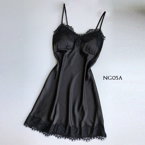 [BISA COD] BAJU TIDUR WANITA NIGHTGOWN SLEEPWEAR SATIN HITAM NG05A