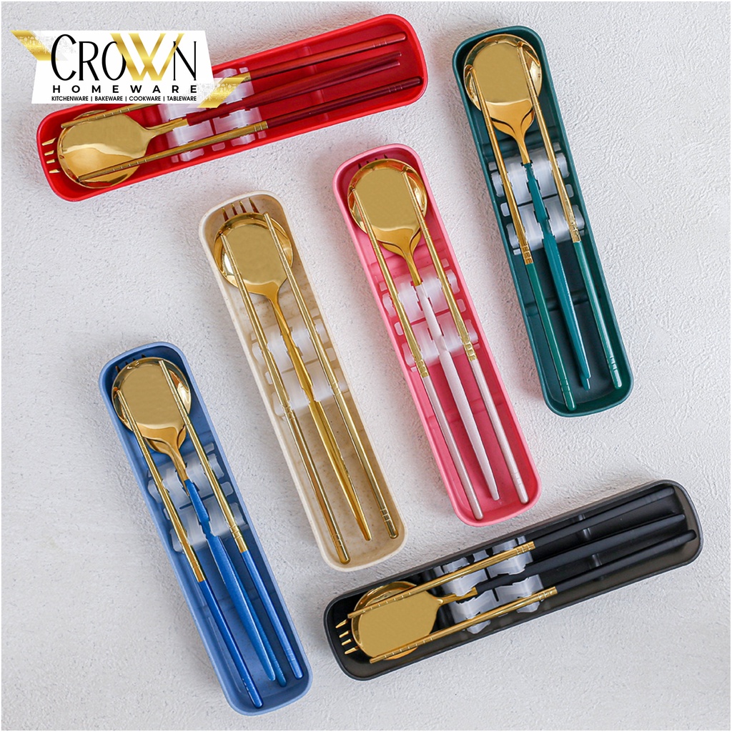 3 Pcs Set Sendok Alat Makan Cutlery Korea Garpu Sumpit Set Box Stainless Steel Travel Silver Gold Peralatan Makan Korea