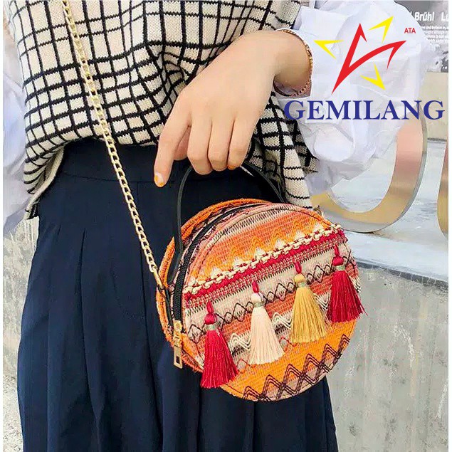 TAS SELEMPANG WANITA RAJUT BULAT RUMBAI RUBY TA02603/TAS RAJUT/TAS WANITA/TAS/TAS SELEMPANG PREMIUM
