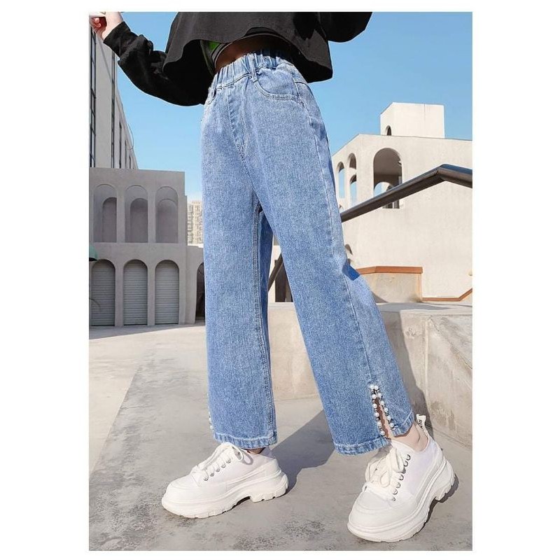 Celana jeans anak perempuanmodel retro /celana anak cewek aplikasi mutiara 2123#2