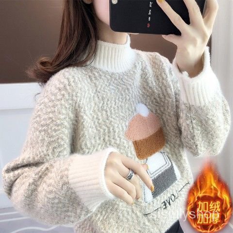 #Sisjuly# Baru Wanita Sweater Longgar Pakaian Luar Wanita Turtleneck Musim Gugur dan Musim Dingin Pu
