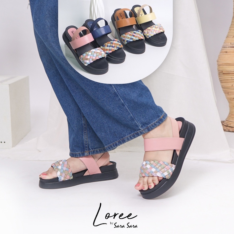 SARA SARA LOREE Sendal wedges Wanita Model Double Strap Sepatu Sandal cewek motif anyaman warna warni Kekinian