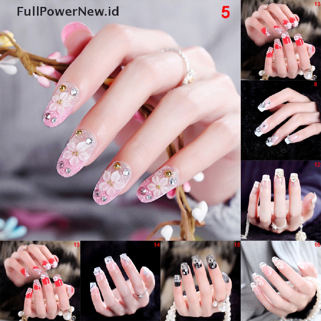 24pcs / Set Kuku Palsu Transparan Motif Bunga Aksen Manik-Manik Untuk Nail Art / Manicure Diy