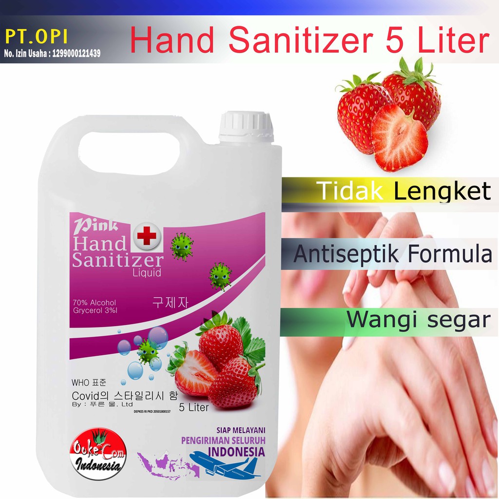 pink stroberi hand sanitizer varian 5 liter 1 liter dan 500ml alkohol 70%(OC)