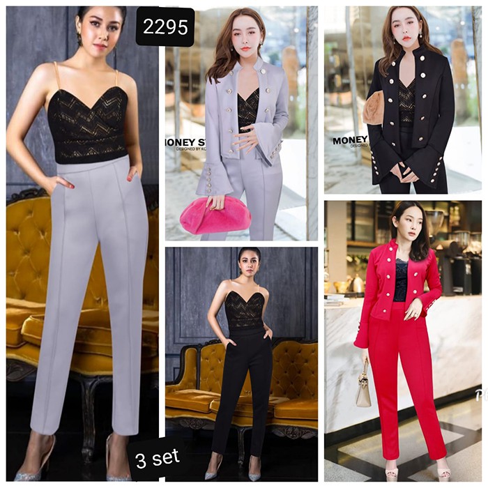 Setelan wanita blazer tank top brukat/ lace celana panjang GC2295