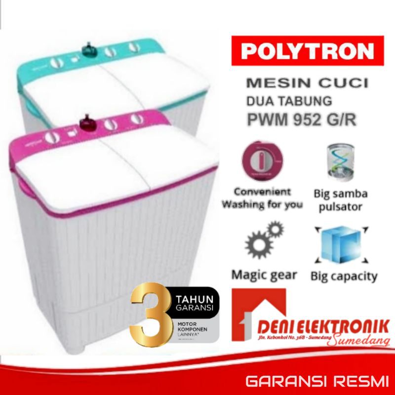Mesin Cuci Polytron  2 Tabung 9,5 Kg PWM952