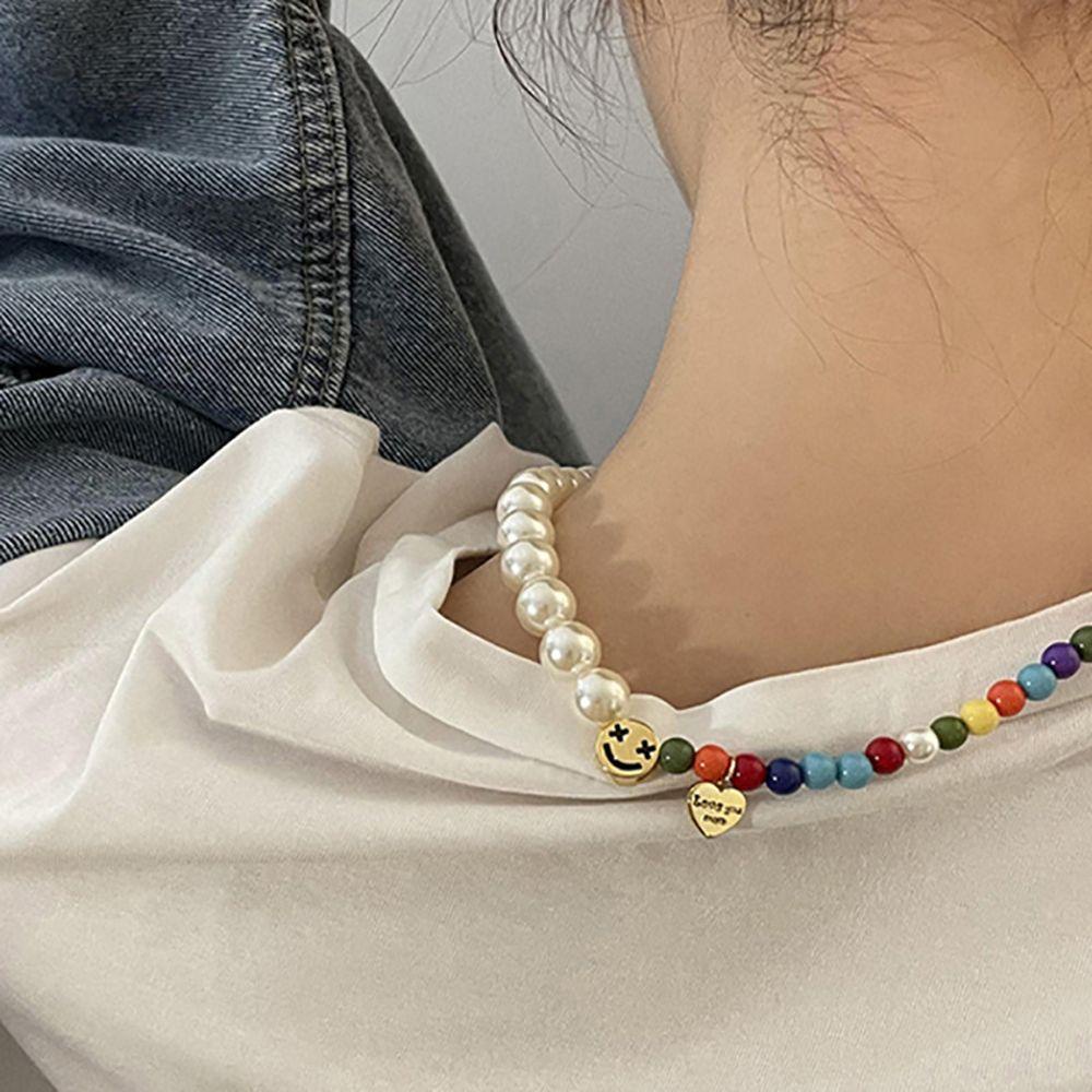 [Elegan] Kalung Wajah Tersenyum Kreatif Unik Rantai Klavikula Warna-Warni Manik-Manik Y2K Sederhana Gaya Korea Kalung