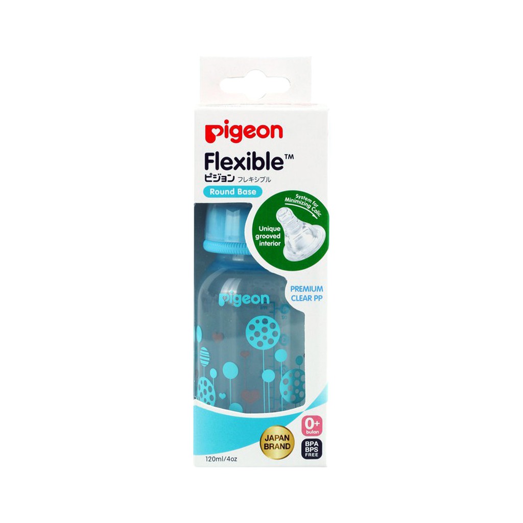 Pigeon Botol Susu Flexible Peristaltic Premium Crystal Clear PP Bottle 0+Bulan Motif Blue Biru 120ml