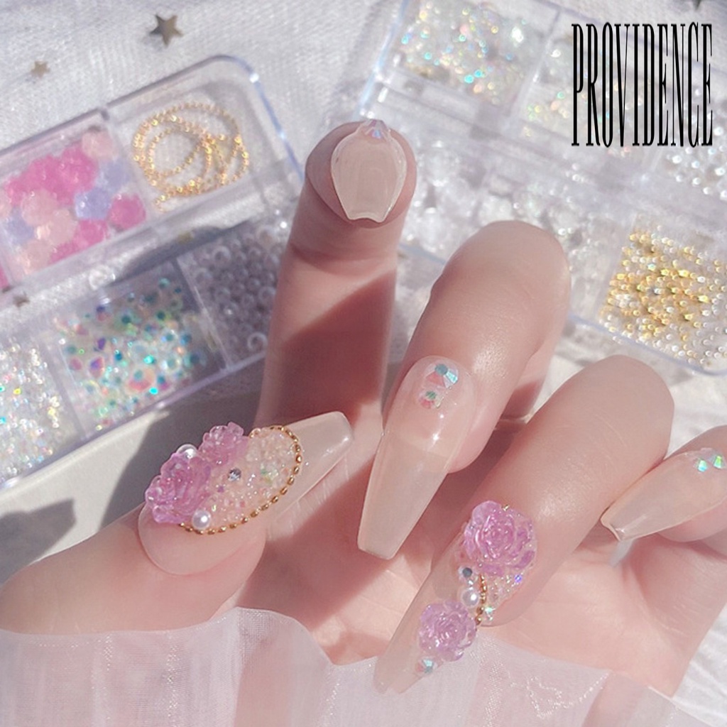 Providence 6 Sekat / Kotak Hiasan Kuku Bentuk Bunga Kamelia / Aurora / Mutiara Putih Untuk Nail Art Wanita