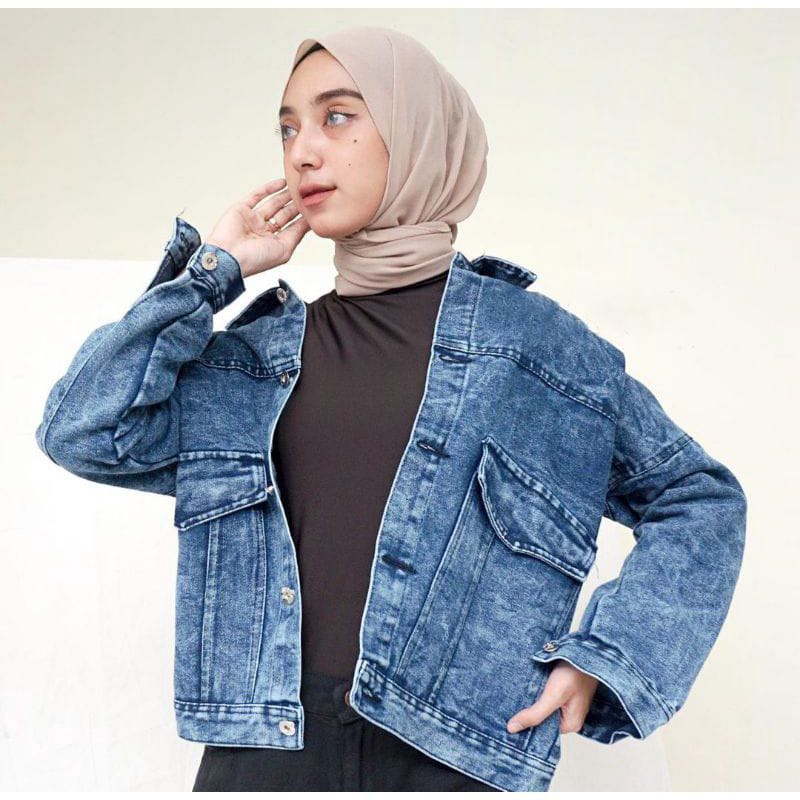 Jaket Jeans Oversize LD 110 - 150 // Jaket Jumbo Saku Wanita Sandwash Denim Premium-QILLA SW BIRU LD120