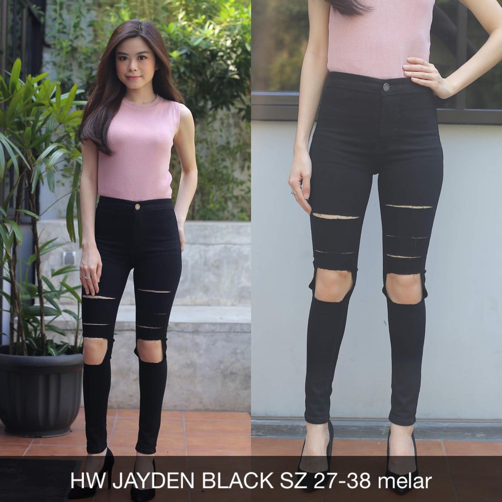 CELANA JEANS HW CUT RIPP JEANS {SLICE BLACK , JAYDEN WHITE &amp; BLACK, NICKY NAVY , PEVITA BLACK