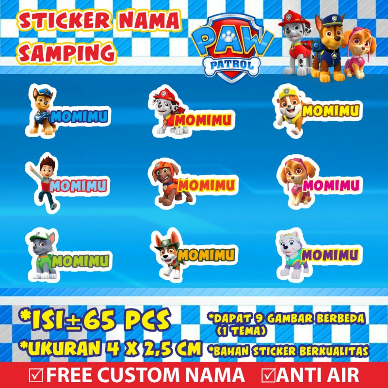 

Stiker/Sticker/Label Nama Samping Anak Dewasa Custom Karakter Paw Patrol