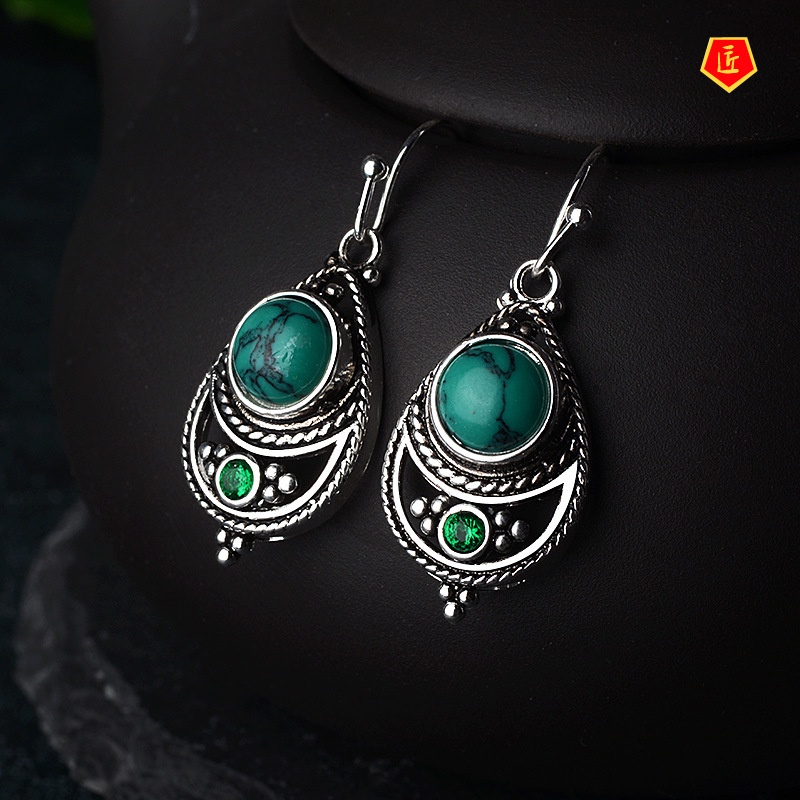 [Ready Stock]Silver Retro Fashion Turquoise Earrings