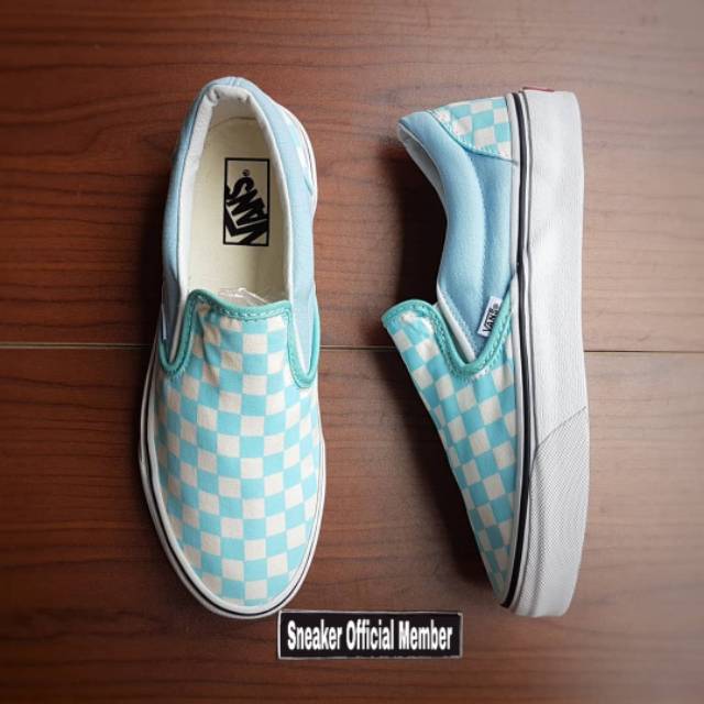 vans checkerboard slip on aqua haze