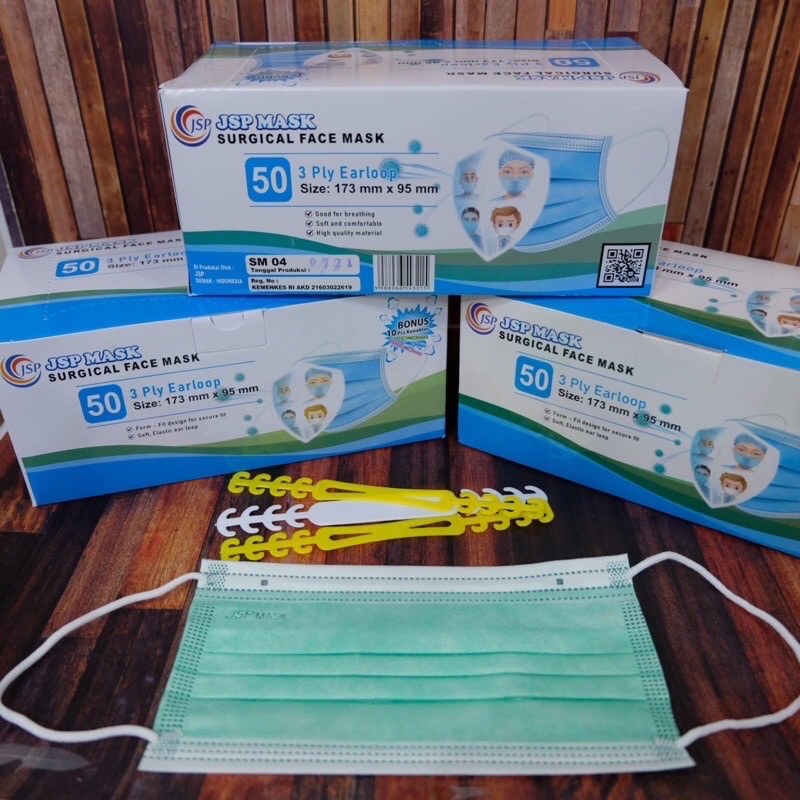 Masker JSP HIJAU surgical earloop 3ply isi 50 + box