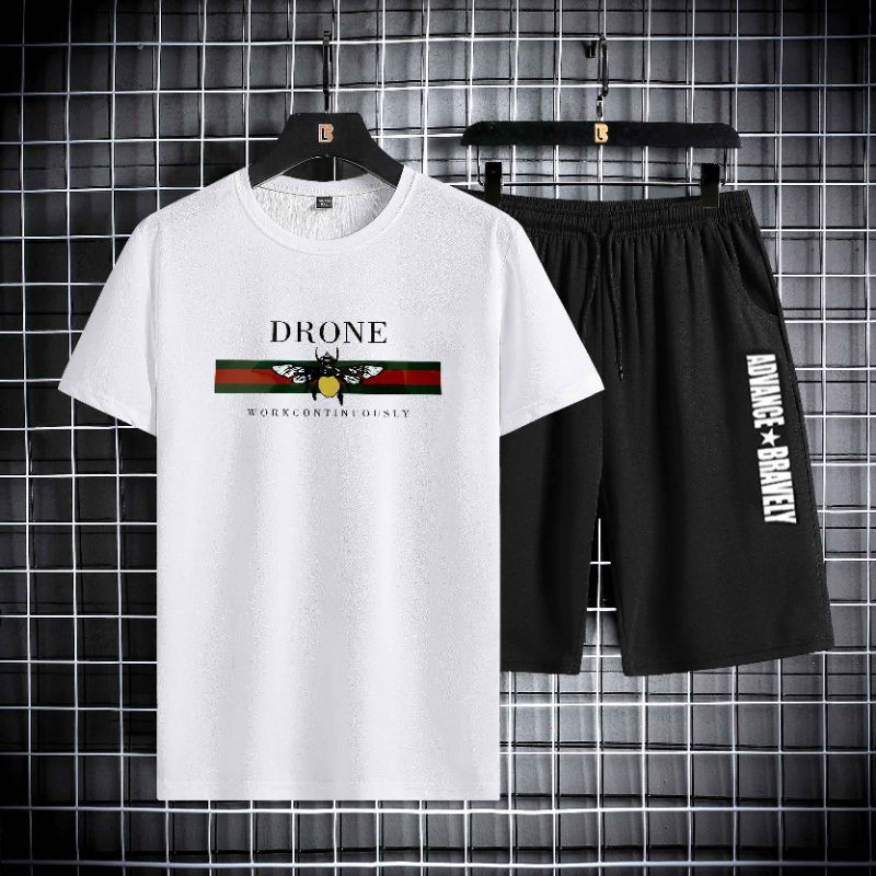 2Pcs Suit Lengan pendek kaos Pakaian olahraga pria cepat kering pakaian latihan ketat musim panas - 