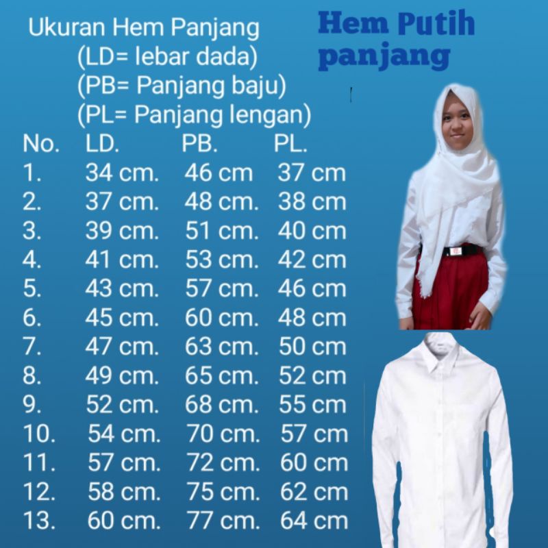 Hem putih panjang (bed No.1-6 )cewek/cowok