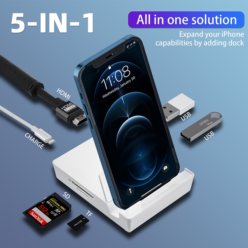 FEINODI Docking Station Lightning OTG Card Reader Adapter USB Rj45 Connector HDMI 4K AV HUB Dock