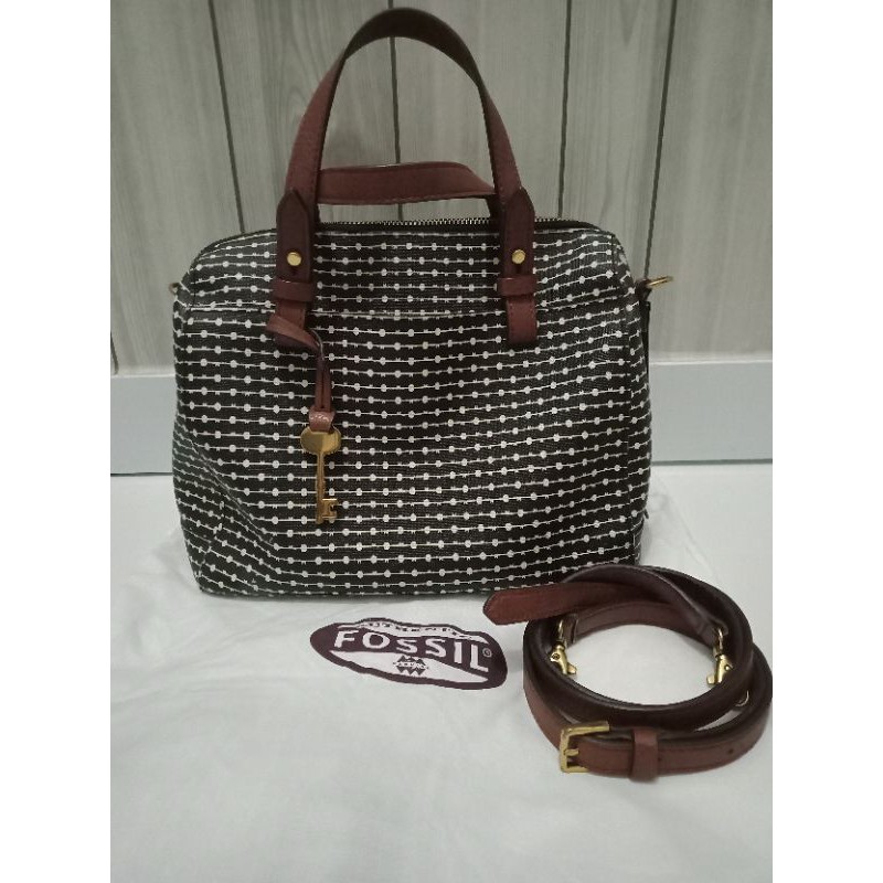Preloved Tas Fossil rachel satchel black stripe