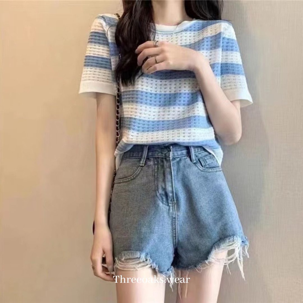 CORY TOP - ATASAN RAJUT IMPORT GARIS-GARIS HORIZONTAL TANGAN PENDEK CASUAL WEAR KOREAN STYLE