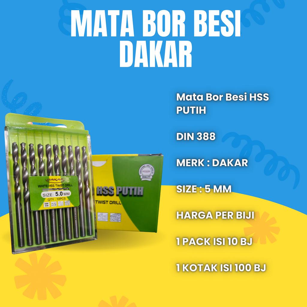 MATA BOR BESI PUTIH 5 MM HSS MERK DAKAR DIN 388 HARGA PER BIJI BAGUS KUAT