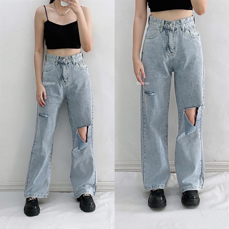 CLOTHIER - Jennie Ripped Baggy Jeans | Unisex Light Blue Baggy Straight Denim