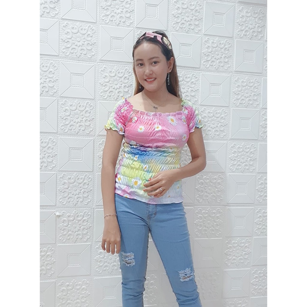 Top Sabrina Kerut Tie Dye Cotton Candy / Atasan Kerut Tie Dye