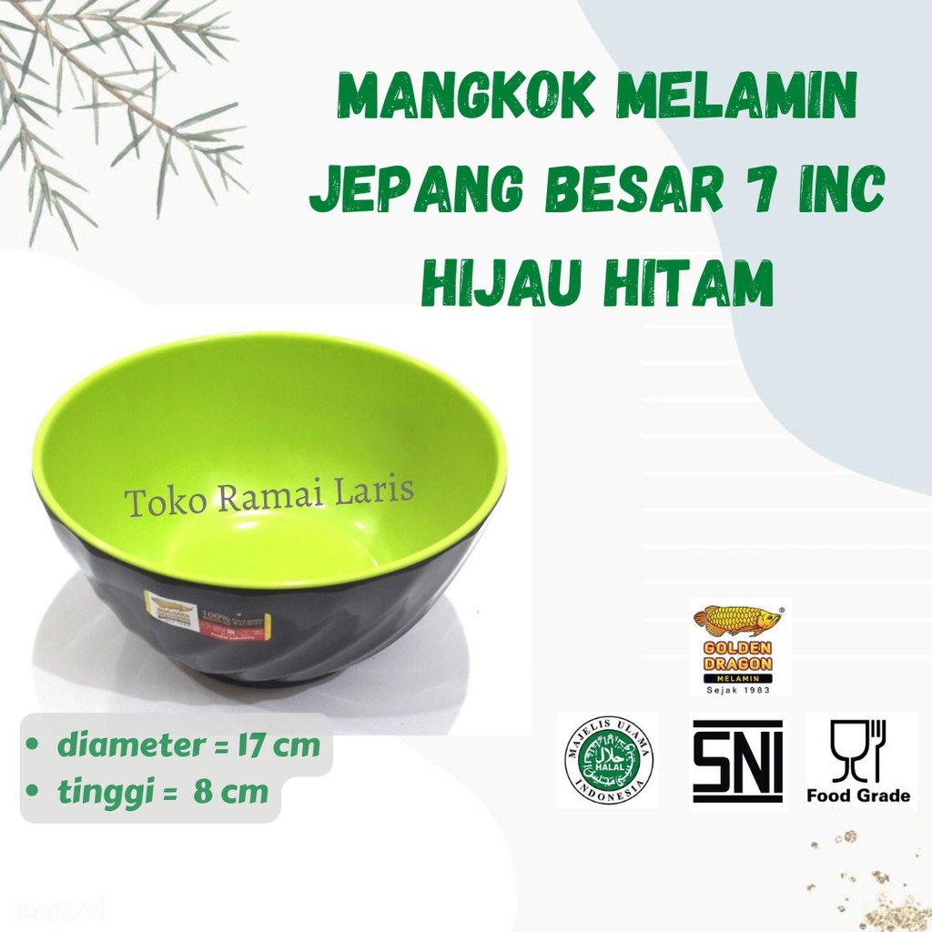 MANGKOK SAJI RESTORAN W07A3 Mangkok Jepang Melamin Besar Hijau Stabilo Hitam Golden Dragon 7 inc