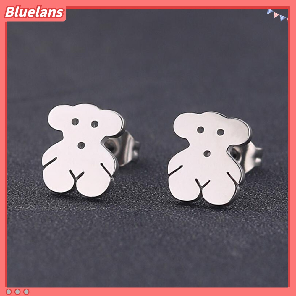 Anting Tusuk Bentuk Kartun Beruang Mini Bahan Stainless Steel Untuk Wanita