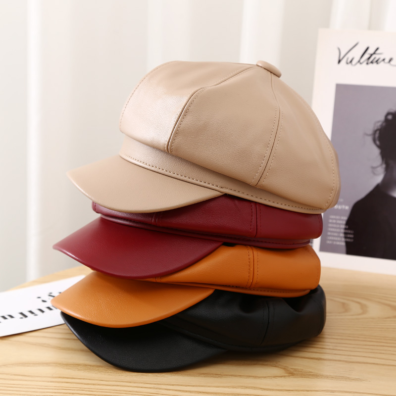 Topi Baret Bentuk Octagonal Bahan Kulit Pu Gaya Retro Korea