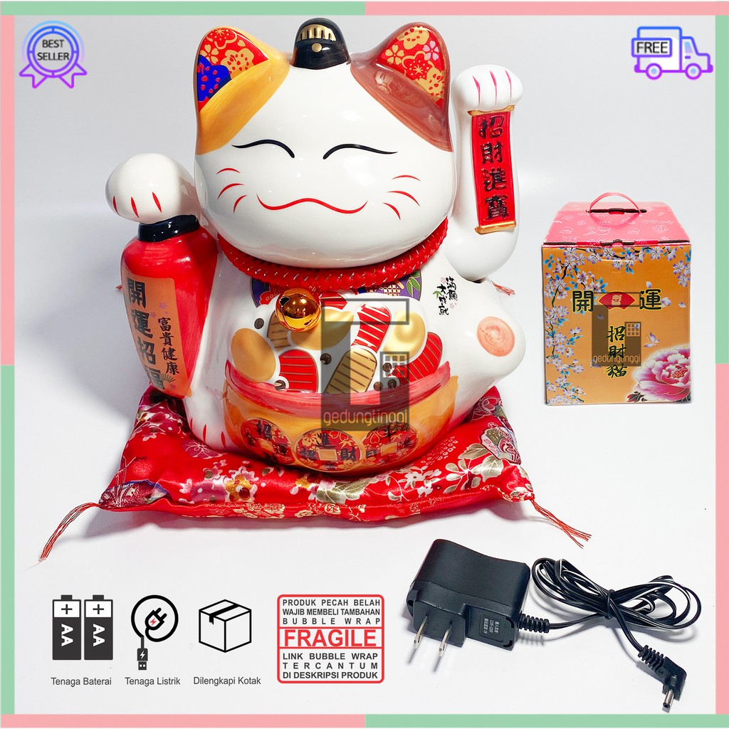 Pajangan Patung Hiasan Boneka Dekorasi Kucing Bawa Panggil Rejeki Rezeki Hoki Maneki Neko Maneko Neki ManekiNeko Lucky Cat Keberuntungan Keramik Putih Baterai Batrai Batre Listrik Tangan Goyang Gerak Meja Etalase Toko Resto Cafe Cina China Jepang Jumbo XL