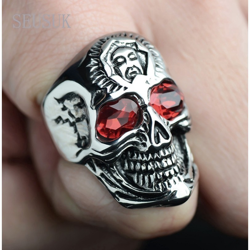 SEUSUK   Cincin Model Terbuka Desain Tengkorak Gaya Gothic Punk untuk Pria