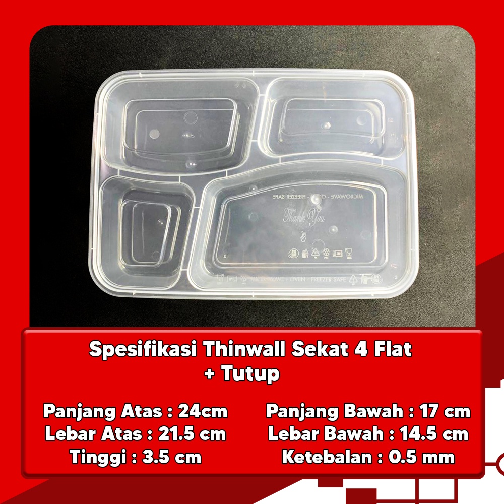 THINWALL BENTO 4 SEKAT FLAT - FOOD CONTAINER BENTO +TUTUP ISI 25 SET MURAH