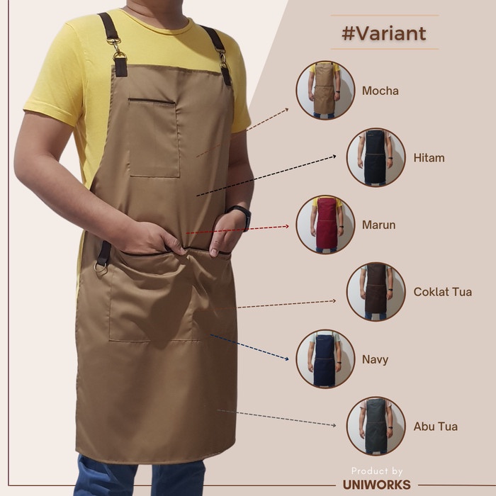 UNIWORKS Apron Barista Premium Seri V02 Bahan American Drill Original dengan Kombinasi 6 Warna dan 3 Ukuran Panjang