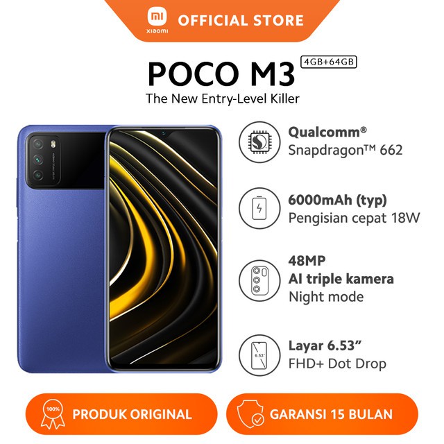 Poco M3 (4GB + 64GB) Snapdragon 662 48MP AI Triple Kamera Layar 6.53” FHD+  Layar Dot Drop 6000mAh-Cool Blue