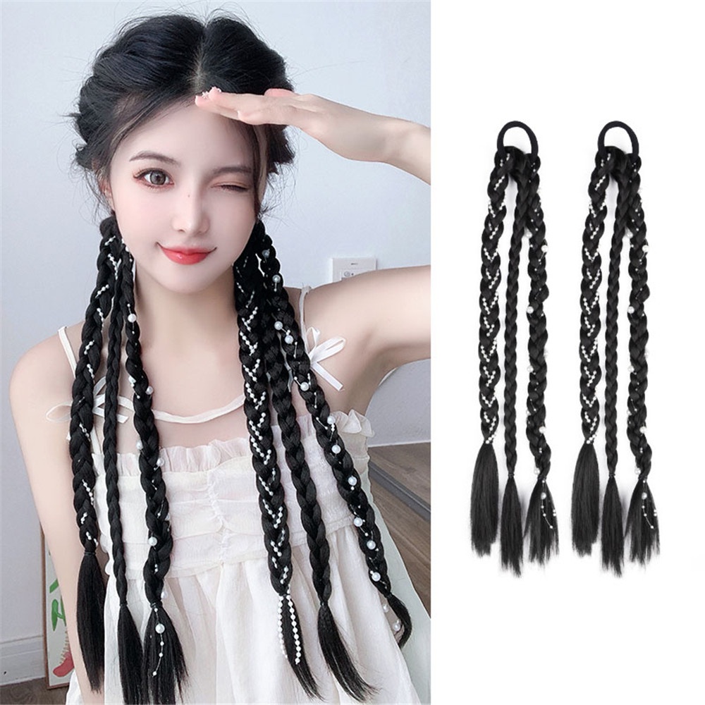 1 Pc Wig Rambut Ekstensi Model Kepang Panjang Aksen Mutiara Untuk Anak Perempuan