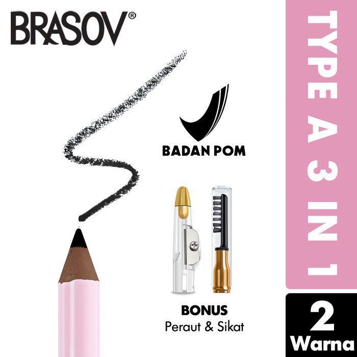 BRASOV Pensil Alis 3 IN 1 + Serutan + Sikat 2.5 GR Eyebrow Pencil TYPE A Pigmented Hitam Coklat