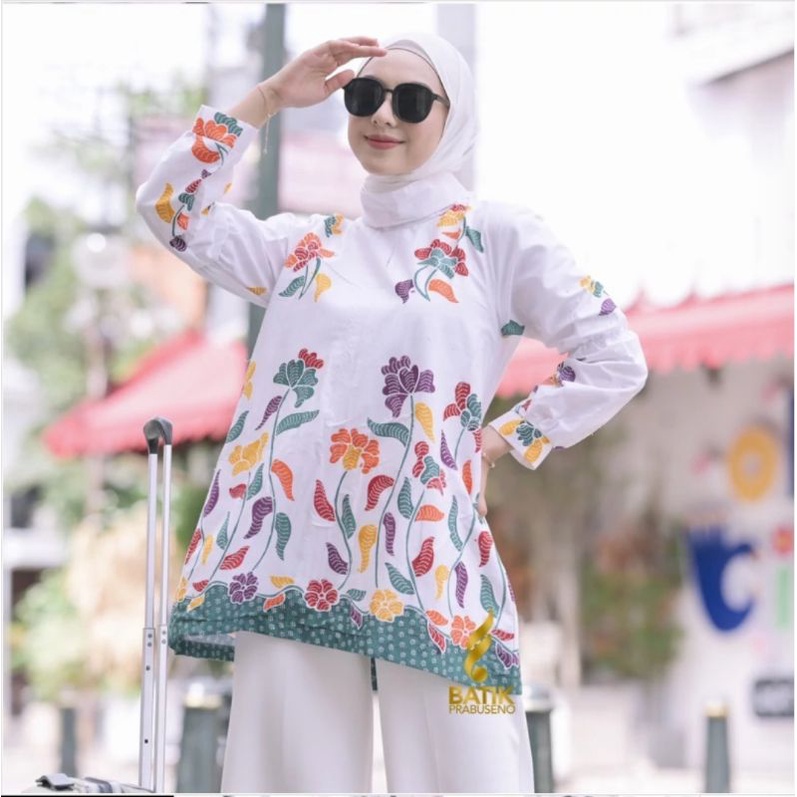 BATIK WANITA PRABUSENO BAJU BLUS BLOUSE BATIK MOTIF EMMA BAHAN BATIK TULIS MADURA LAPIS TRIKOT BAJU 