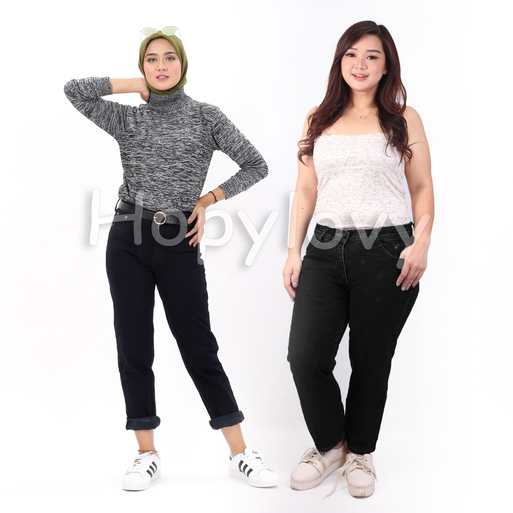 HOPYLOVY - Celana Boyfriend Jeans Wanita Warna Hitam Daveena Ukuran Sampai Jumbo