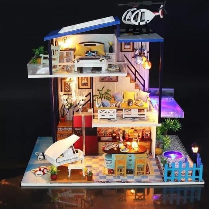Mainan Anak Miniatur Rumah Boneka Mewah Diy Blue Romance