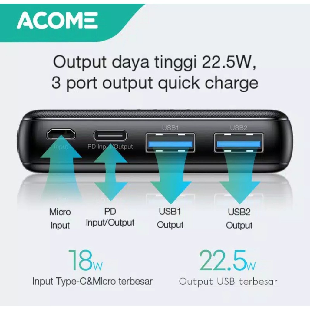 KHANZAACC ACOME AP104 POWERBANK 10000mAh 2 Input 3 Output Fast Charging PD QC3.0